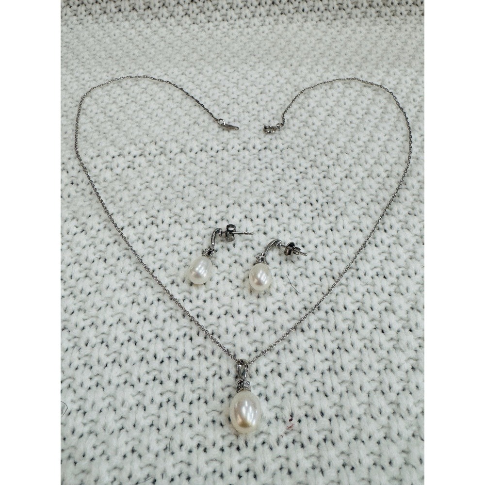 925 Sterling Silver 18" Chain White Pearl Drop Pendant Earrings Jewelry Set